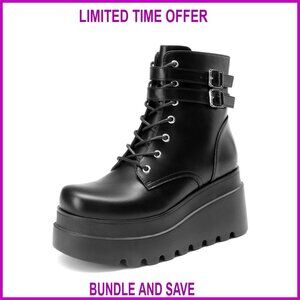 Platform Combat Ankle Boots Chunky High Heel Lace Up Faux Leather